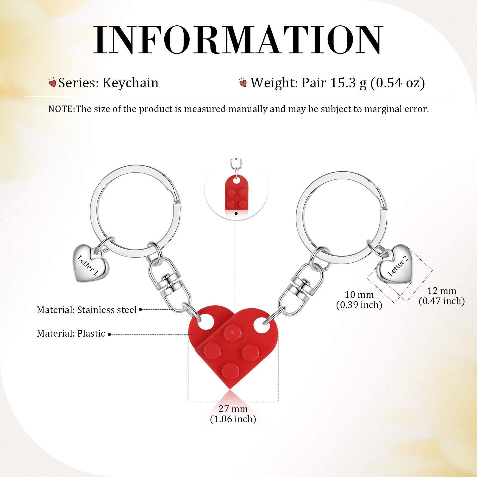 Personalisierbare 2 Buchstaben Herz Bausteine Paar Metall-Schlüsselanhänger