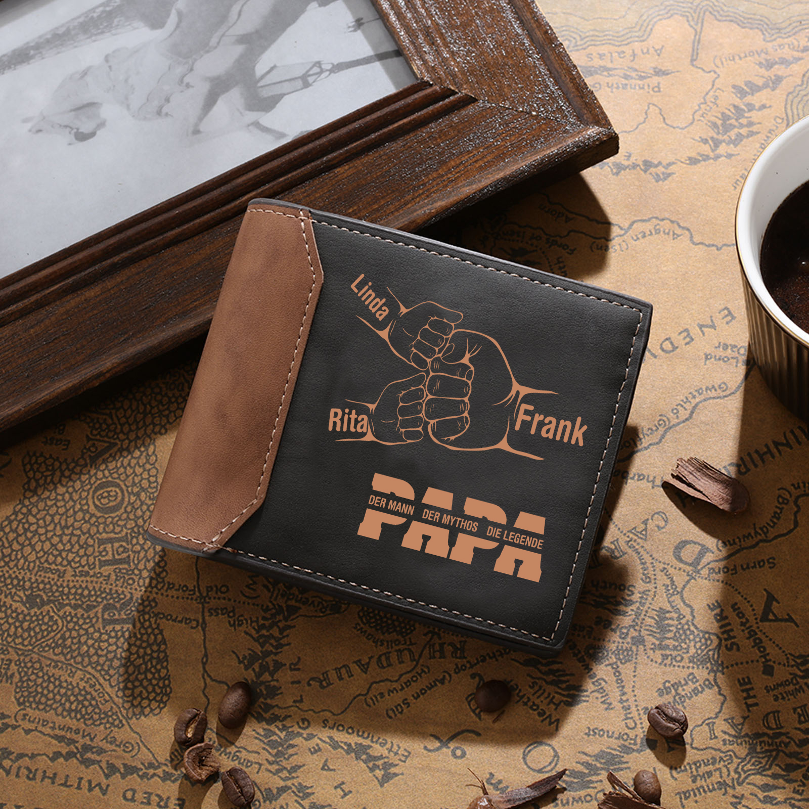 Herren Personalisierte 2-9 Namen & Text Papa Faust Leder Geldbörse-Geschenk für Papa Vater