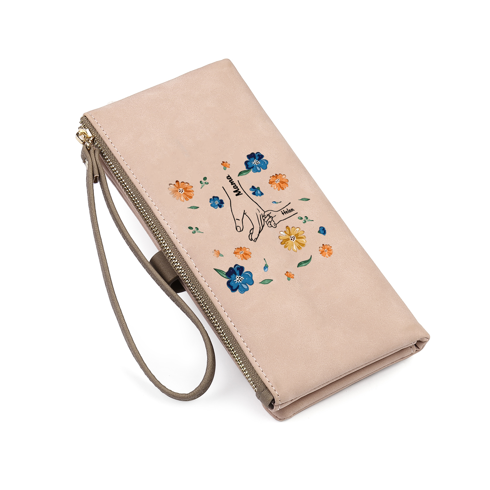 Damen Personalisierte 2 Namen PU Hand in Hand Blume Leder Geldbörse Langes Portemonnaie mit Reißverschluss