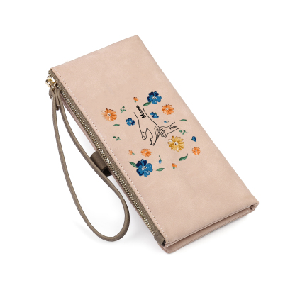 Damen Personalisierte 2 Namen PU Hand in Hand Blume Leder Geldbörse Langes Portemonnaie mit Reißverschluss