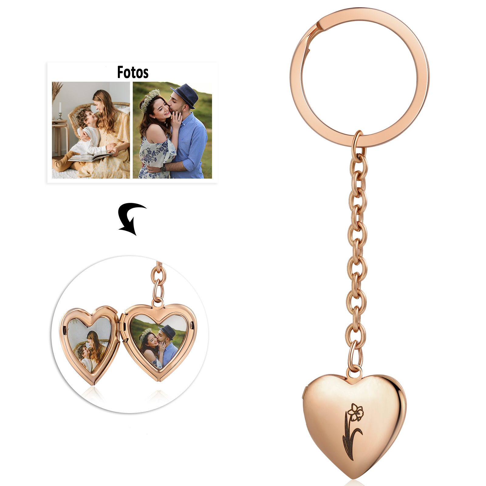 Personalisierte 2 Fotos & Geburtsblume Herz Schlüsselanhänger-Geburtsblume Serie 