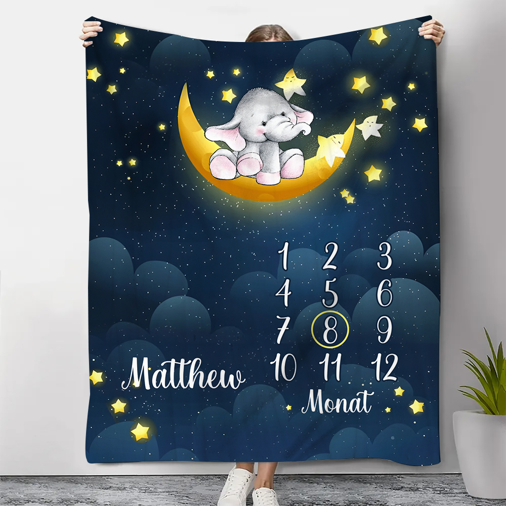 Kinder Decke -Personalisierter 1 Name & Monat Elefant auf dem Mond Flanelldecke