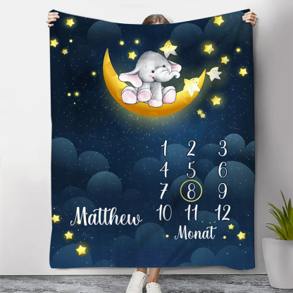 Kinder Decke -Personalisierter 1 Name & Monat Elefant auf dem Mond Flanelldecke