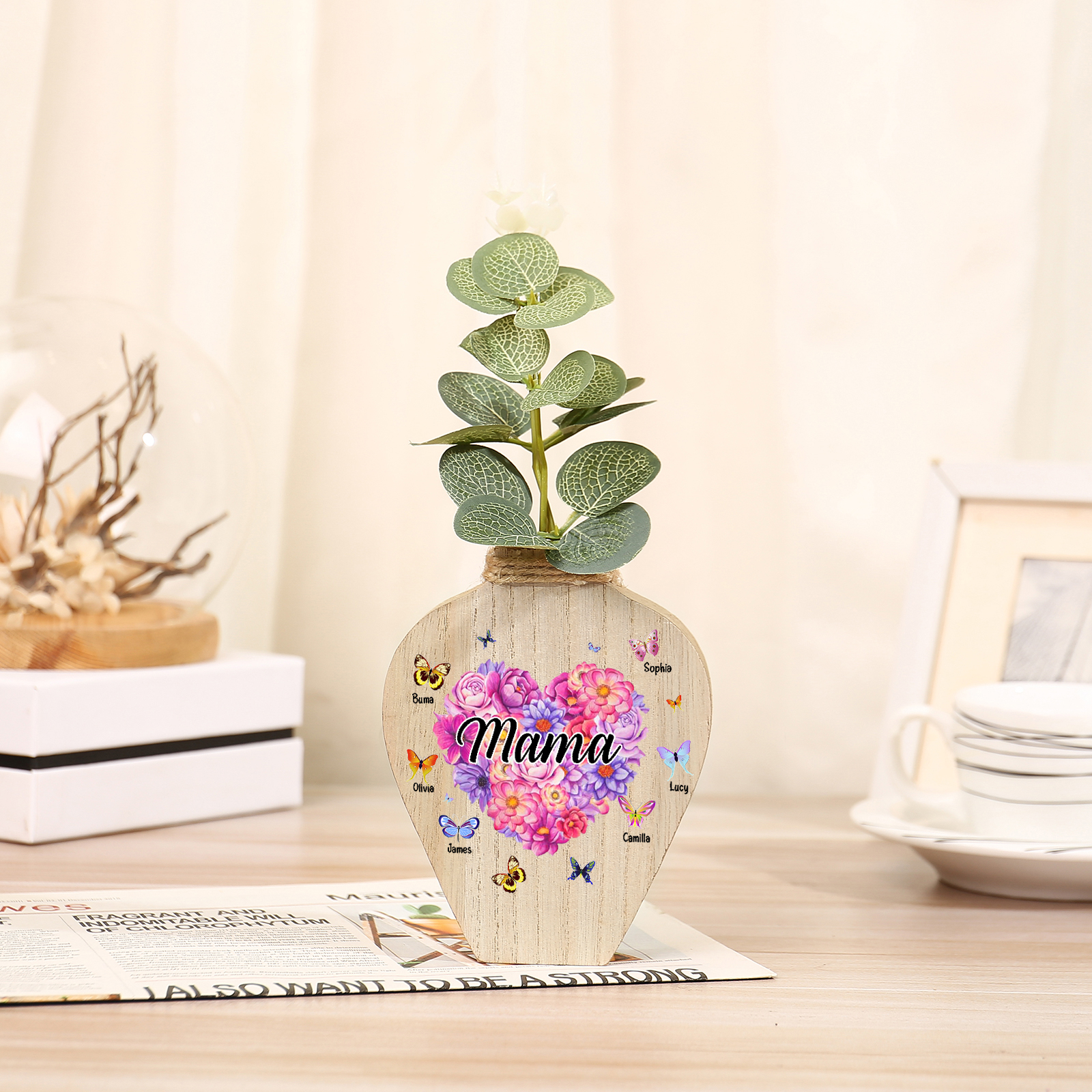 Holz Personalisierter 6 Namen & Text Blumen Herz Vase