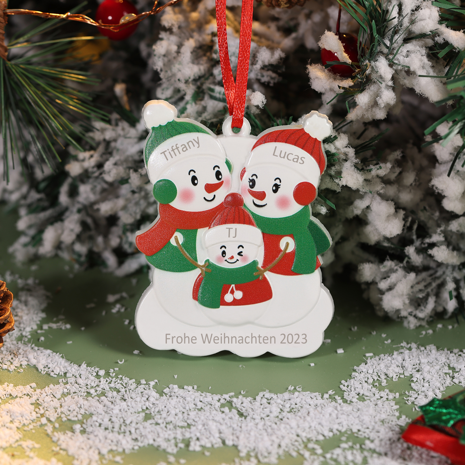 Harz Personalisierte 3 Namen & Text Schneemann Weihnachtsornament Weihnachtsbaum Anhänger mit 3 Familienmitgliedern
