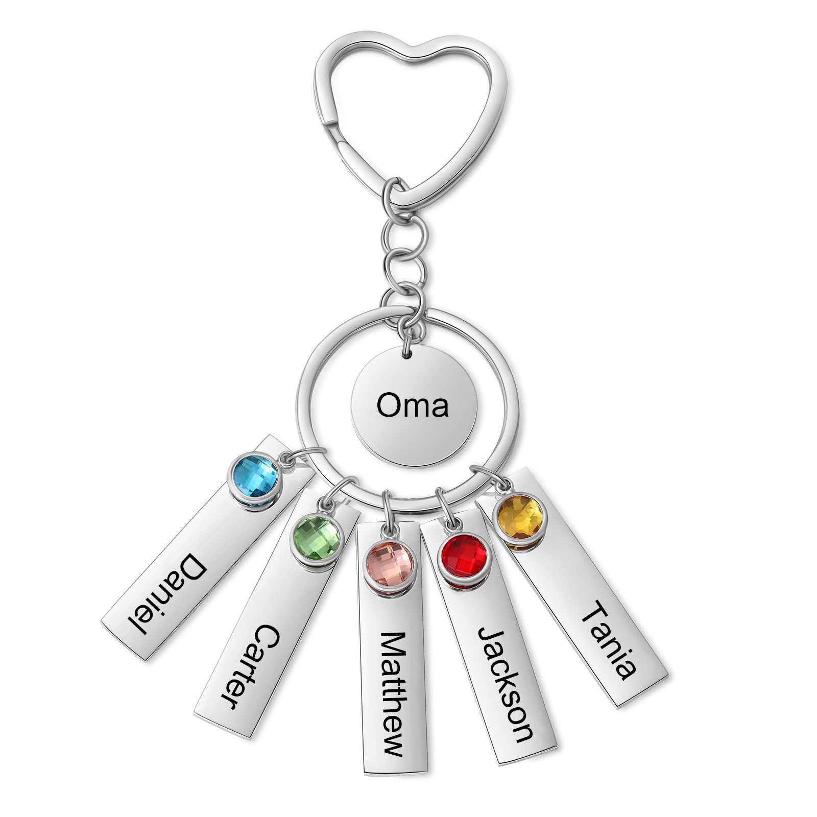 Personalisierbarer Text & 5 Namen Metall Schlüsselanhänger mit Geburtssteinen
