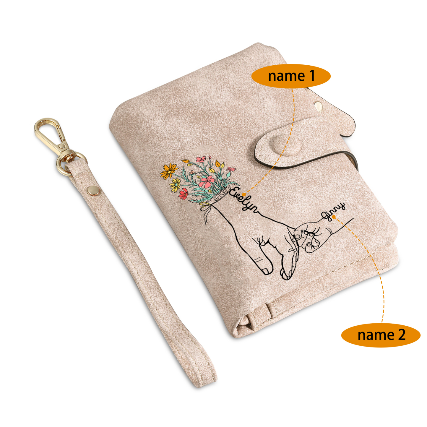 Damen Personalisierte 2 Namen Blume Hand PU Leder Geldbörse