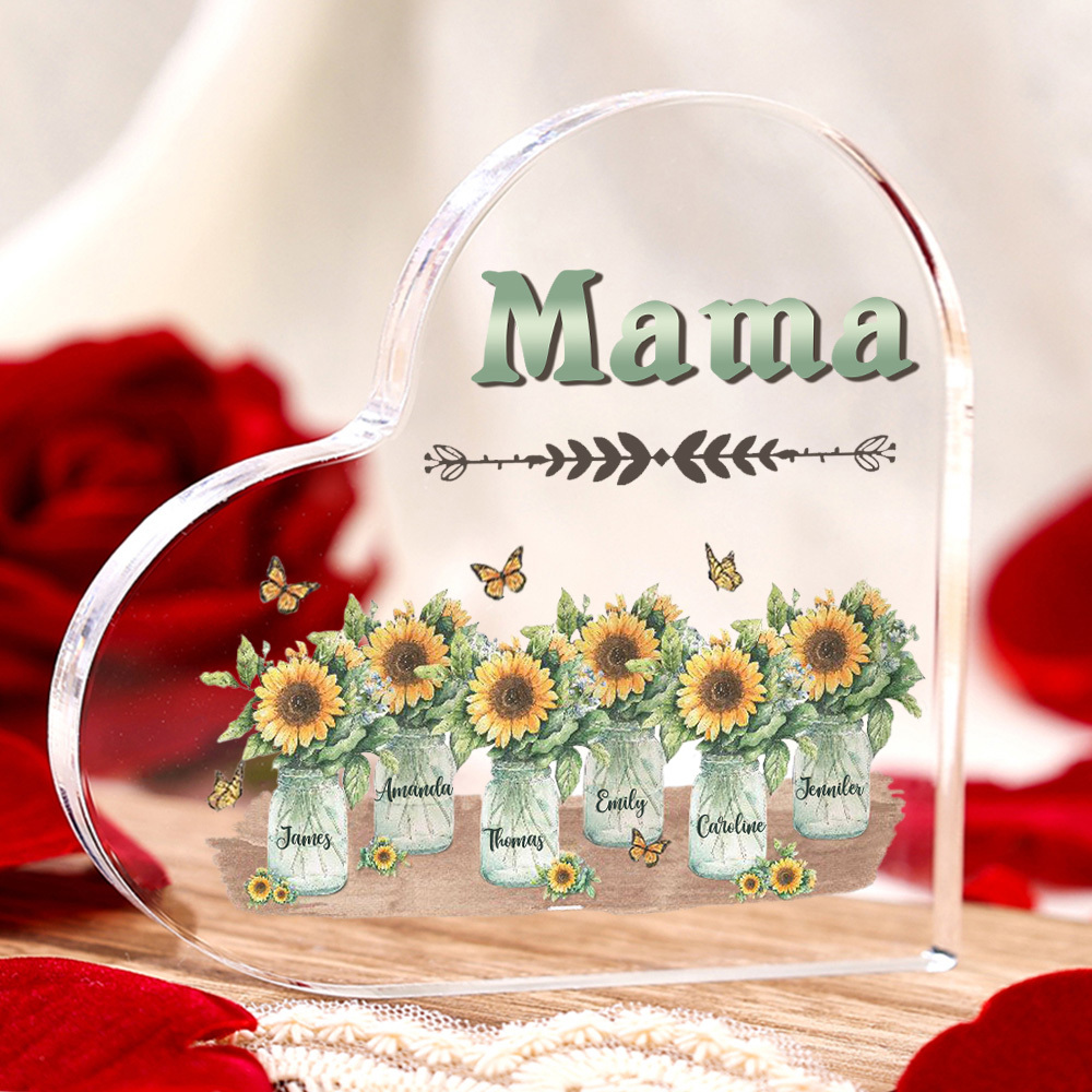 Personalisierte 6 Namen & Text Familie Sonnenblume Acryl-Deko Schreibtischdekoration für Mutter