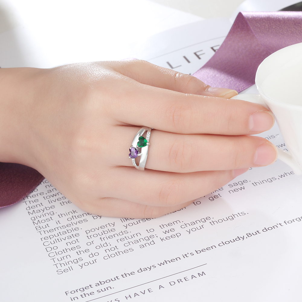 925 Sterling Silber Ring mit 2 Namen und 2 Geburtssteinen mit Gravuren