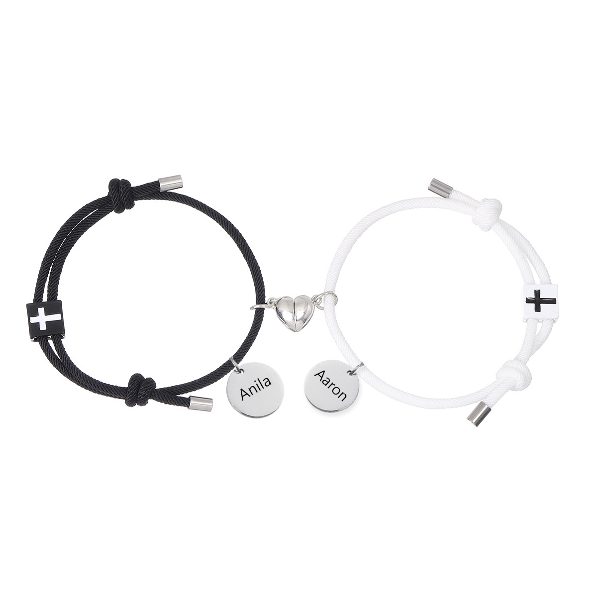 Personalisierte 2 Namen Paar Herz Marnet Kreuz Armbänder Set für Liebespaar