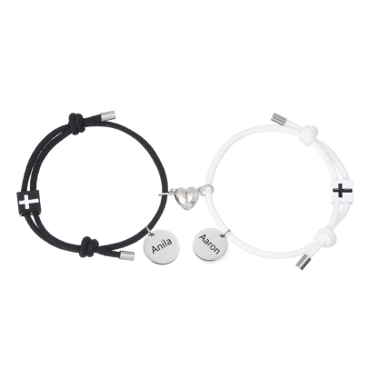 Personalisierte 2 Namen Paar Herz Marnet Kreuz Armbänder Set für Liebespaar