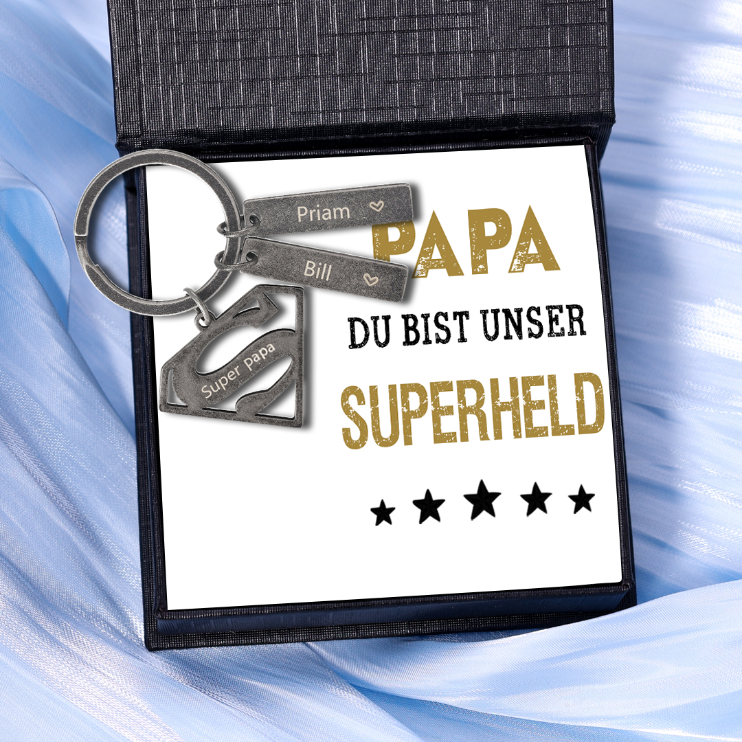 Personalisierbare 2 Namen & 1 Text Supermann Vintage Schlüsselanhänger-Papa, du bist unser Superheld-Geschenk mit Nachrichtenkarte