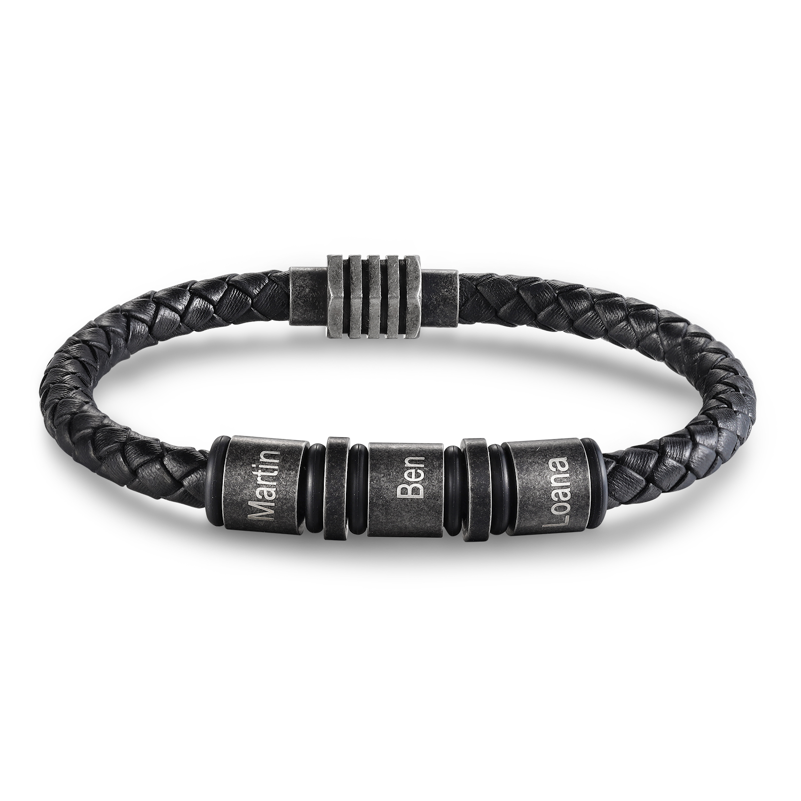 Herren Personalisierte 3 Namen Einlagiges Geflochtenes Vintage Edelstahl Perle Armband mit Magnetisch Armbandschließe