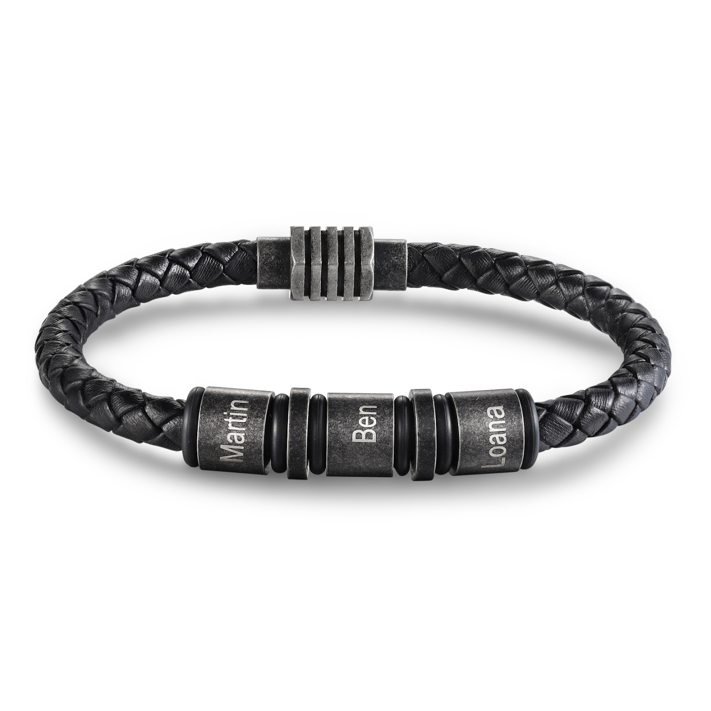 Herren Personalisierte 3 Namen Einlagiges Geflochtenes Vintage Edelstahl Perle Armband mit Magnetisch Armbandschließe