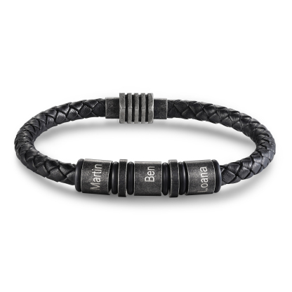 Herren Personalisierte 3 Namen Einlagiges Geflochtenes Vintage Edelstahl Perle Armband mit Magnetisch Armbandschließe