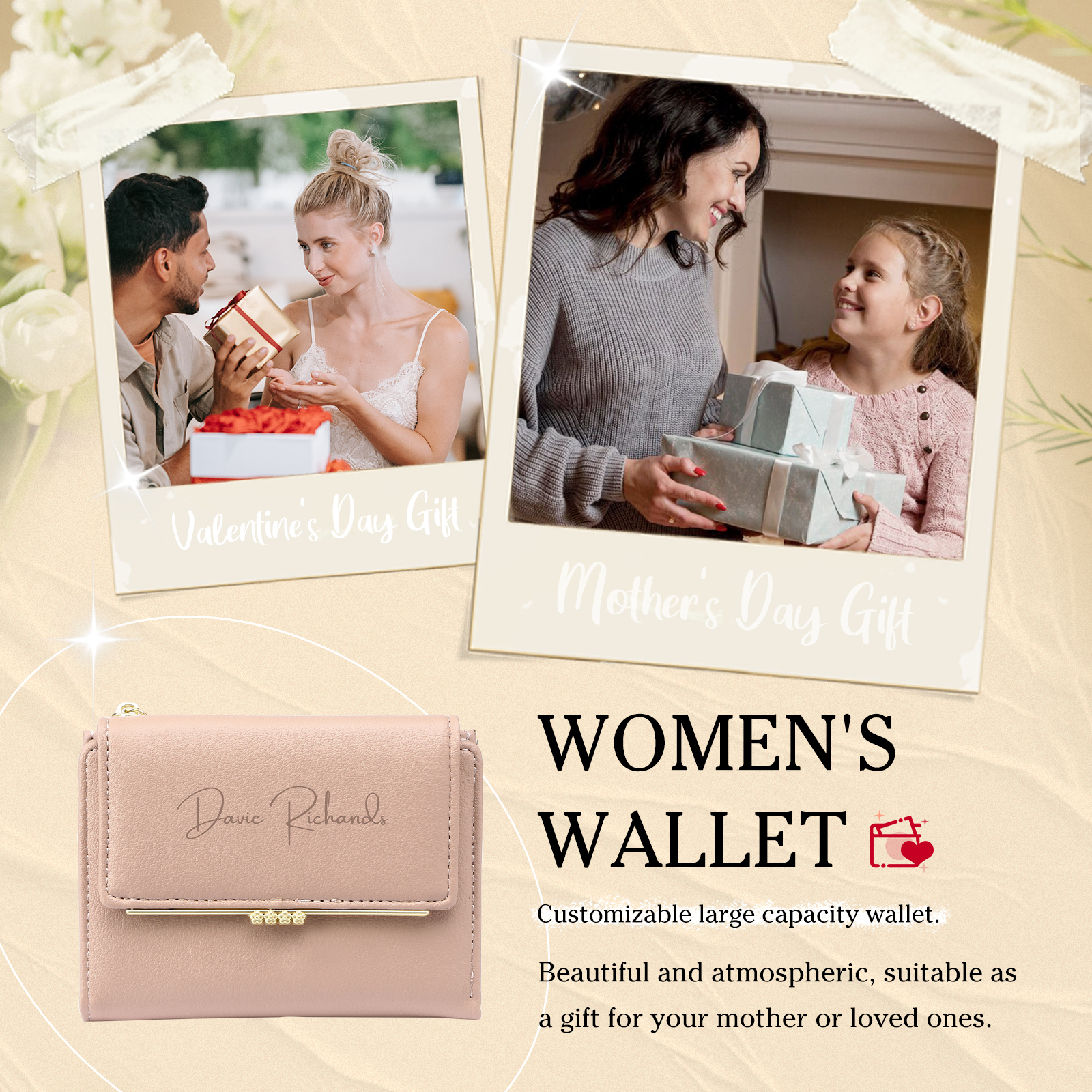 Damen Personalisierter Name & Foto PU Leder Kurze Portemonnaie Geldbörse Klappgeldbörse mit Reißverschluss