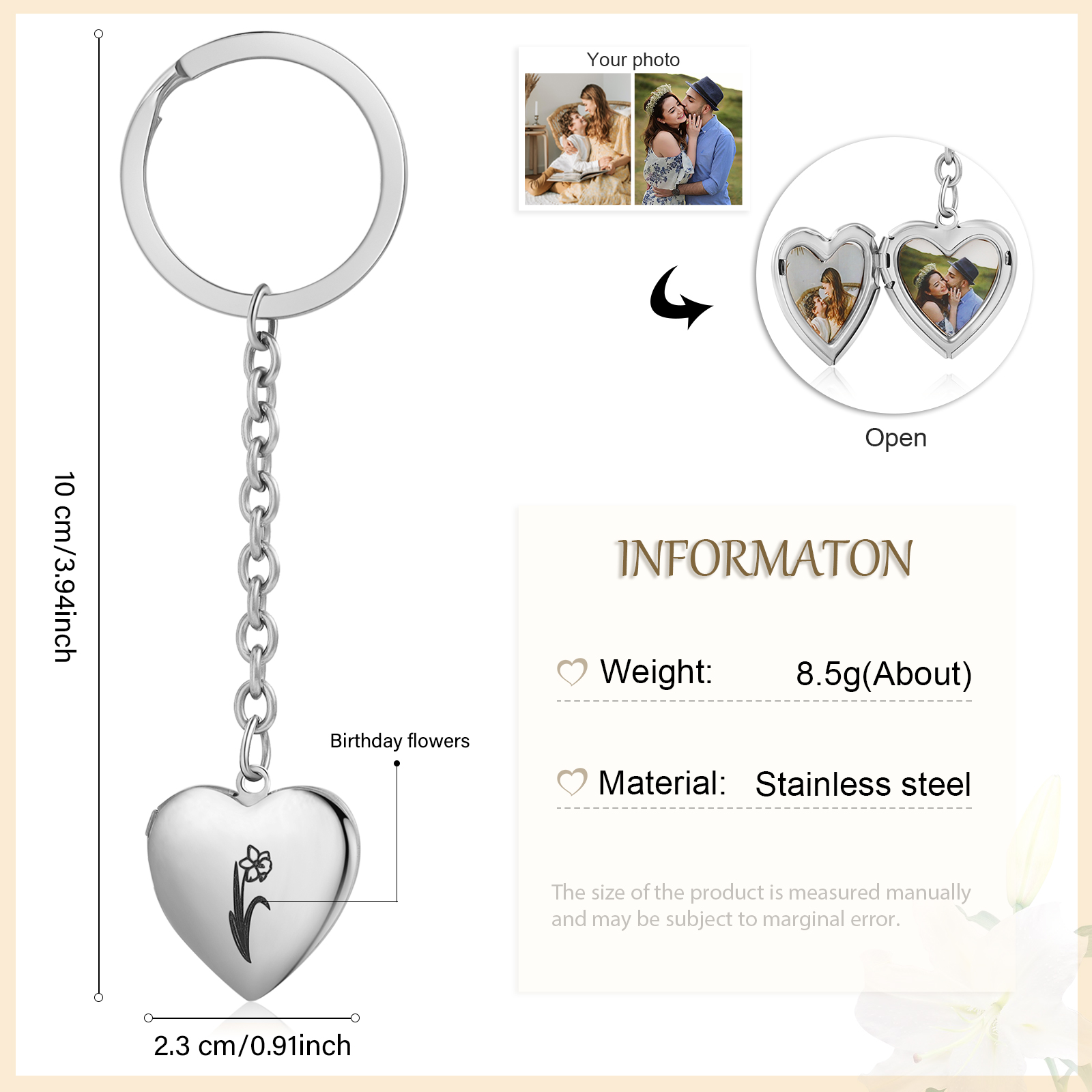 Personalisierte 2 Fotos & Geburtsblume Herz Schlüsselanhänger-Geburtsblume Serie 
