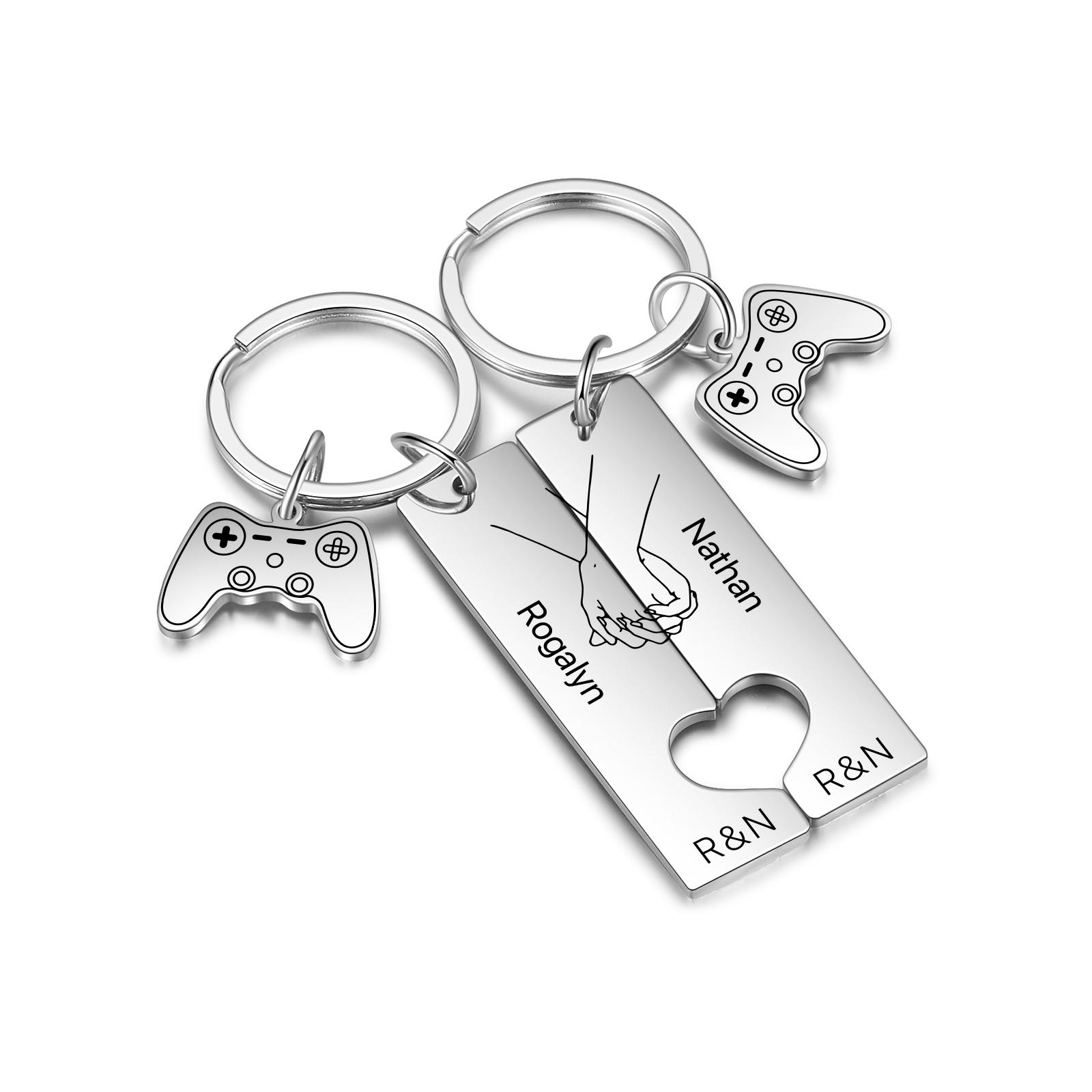 Personalisierbare 2 Buchstaben & 2 Namen Ausschnitt in Herzform Paar Metall-Schlüsselanhänger mit PlayStation Anhänger