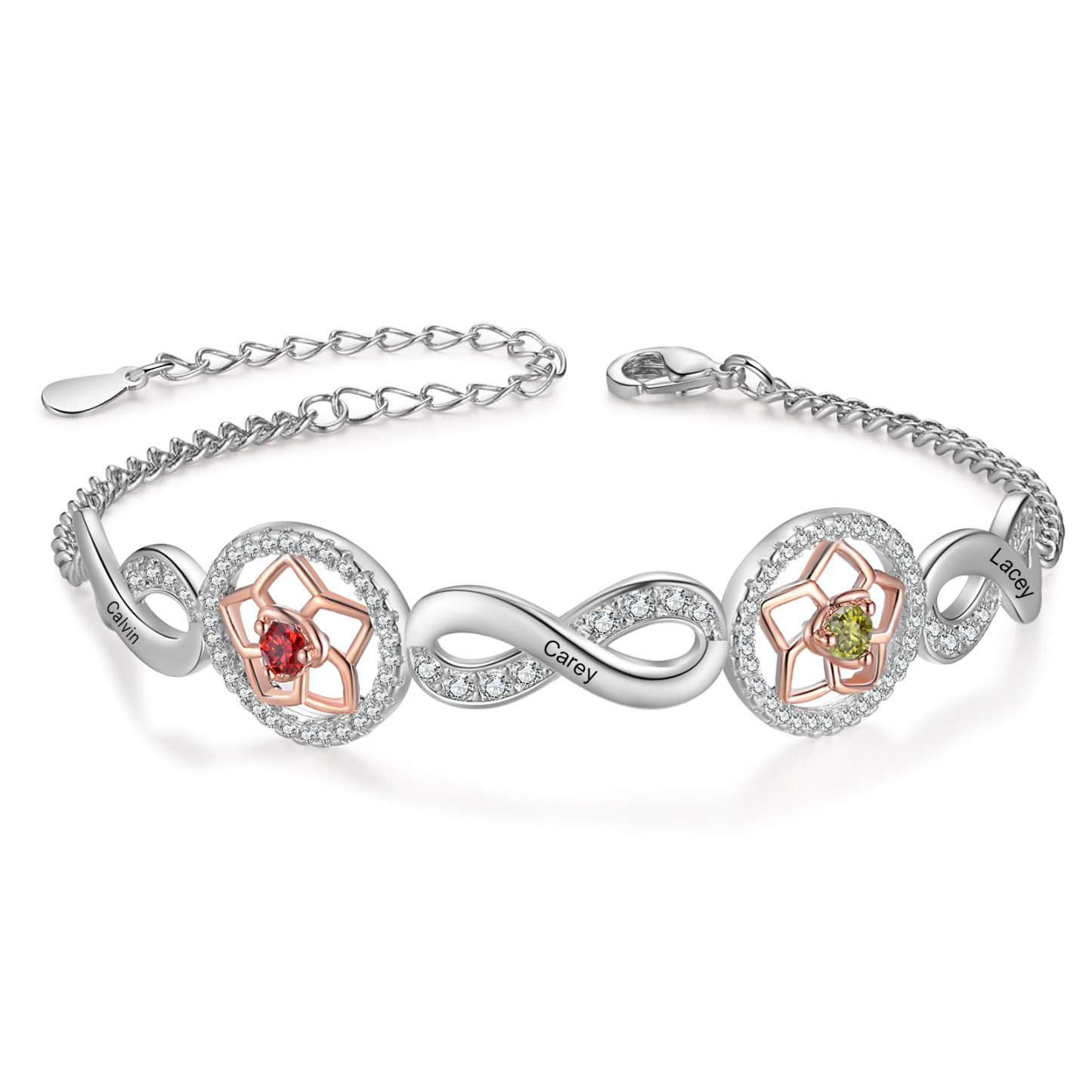 Personalisierte 2 Namen & Geburtssteine Lotusblume Infinity Armband