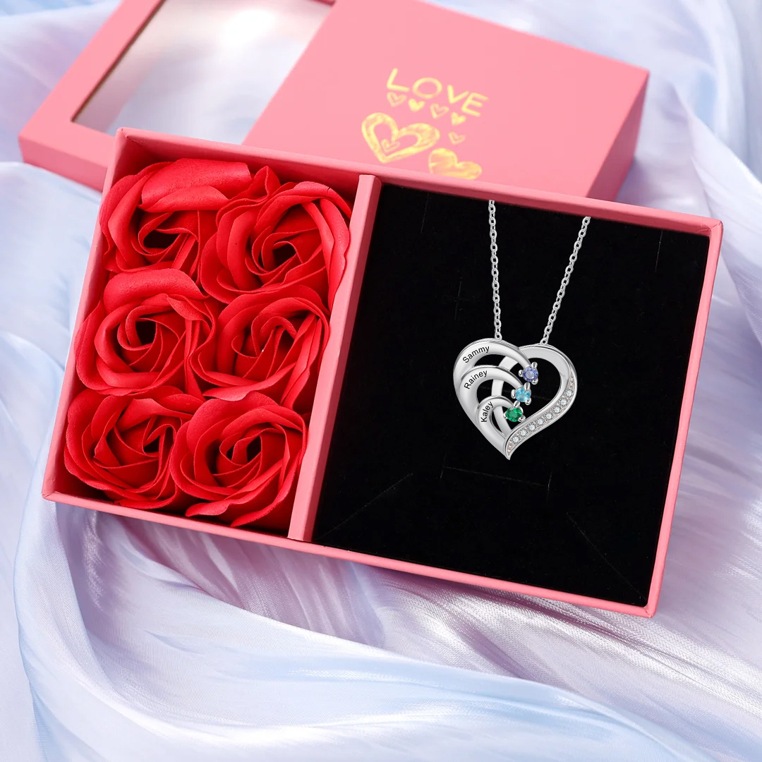 925 Sterling Silber Personalisierte 3 Namen Herz Halskette mit 3 Geburtssteinen