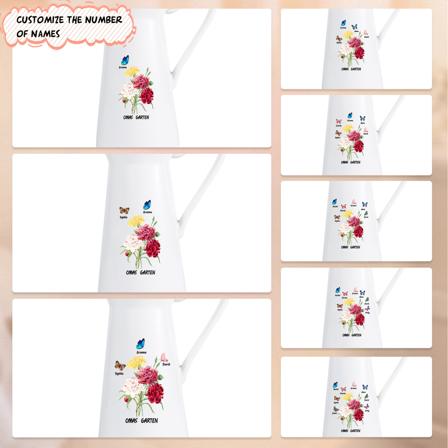 Personalisiertet 1 Name & Text Blumen & Schmetterling Gießvase mit Henkel Familie Vase