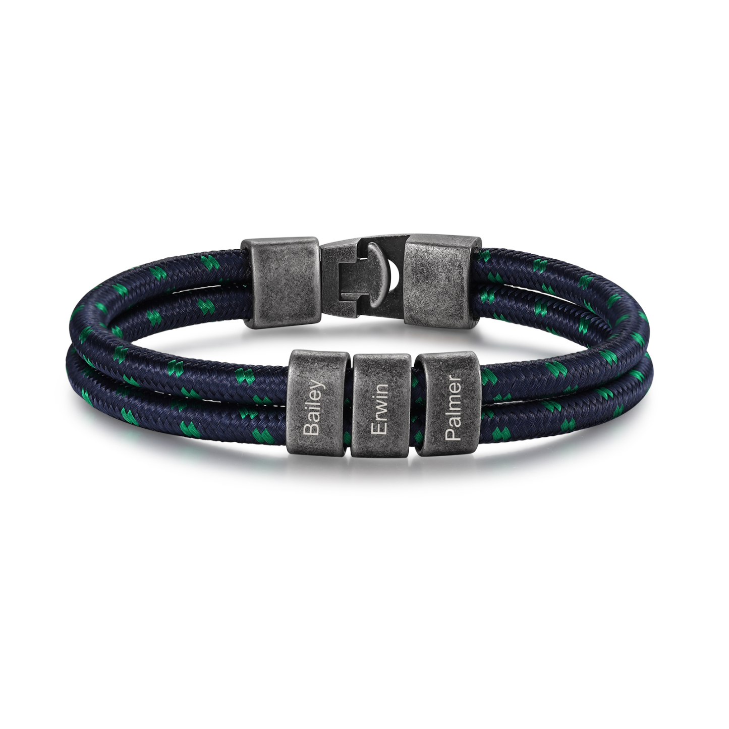 Herren Schmuck-Personalisierte 3 Namen Vintage Edelstahl Perlen Armband mit Grüner Punkt Blau Nylon Kette