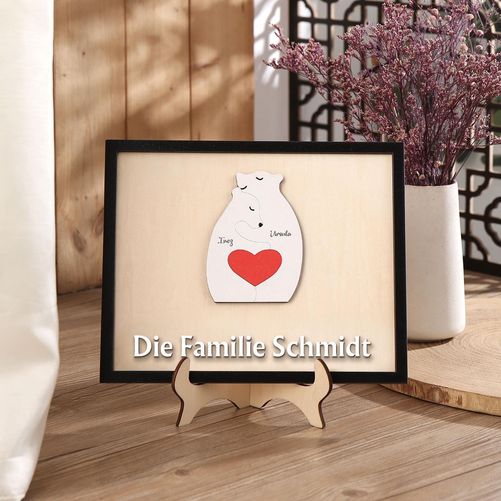 Holz Deko-Personalisierbare 2 Namen & Text Ornament Bär Familie Holzdekoration