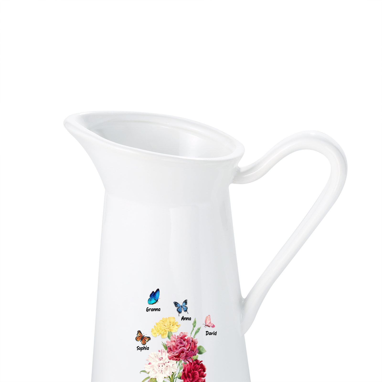 Personalisierte 4 Namen & Text Blumen & Schmetterling Gießvase mit Henkel Familie Vase