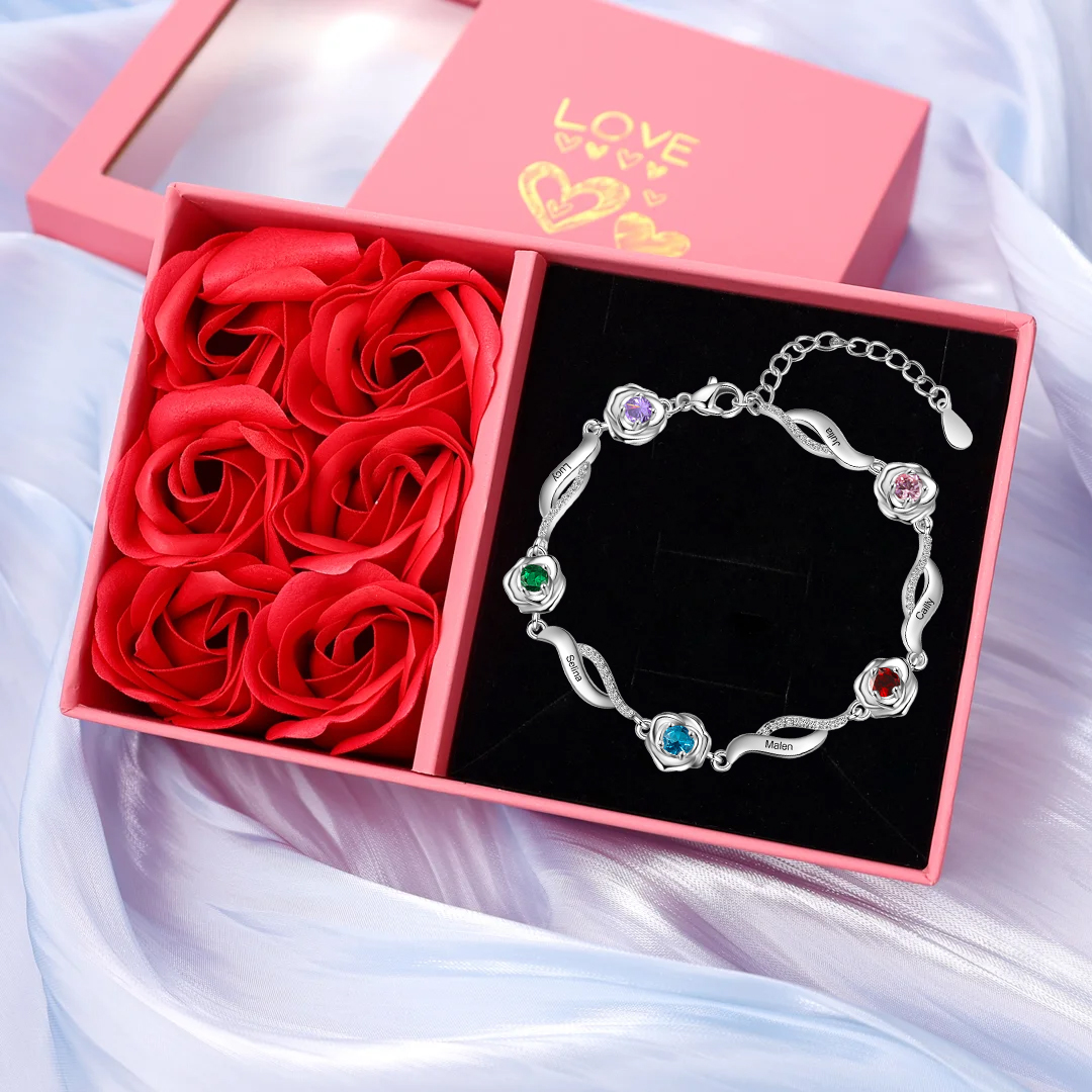 Personalisiertes Rosenarmband mit bis zu 5 Namen & Geburtssteinen
