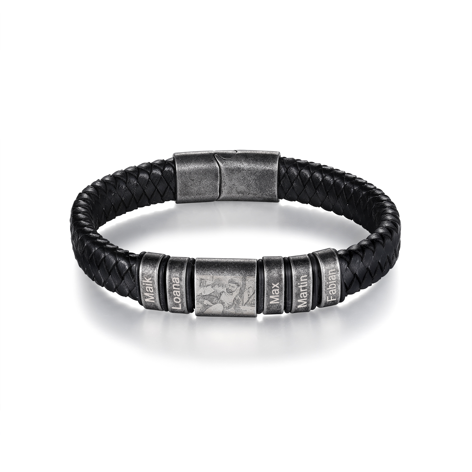 Personalisierte 5 Namen & Foto Einlagiges Geflochtenes Vintage Edelstahl Perle Armband