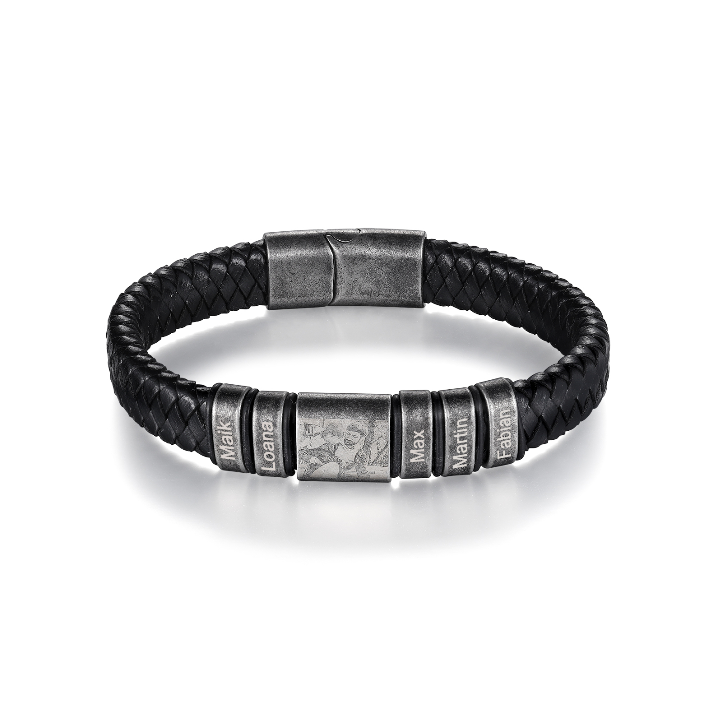 Personalisierte 5 Namen & Foto Einlagiges Geflochtenes Vintage Edelstahl Perle Armband