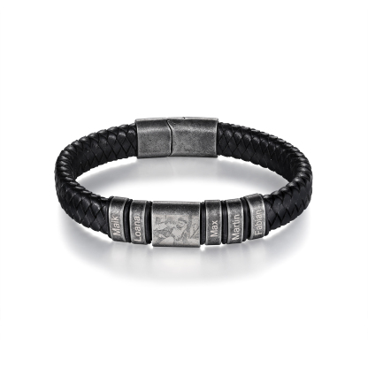 Personalisierte 5 Namen & Foto Einlagiges Geflochtenes Vintage Edelstahl Perle Armband