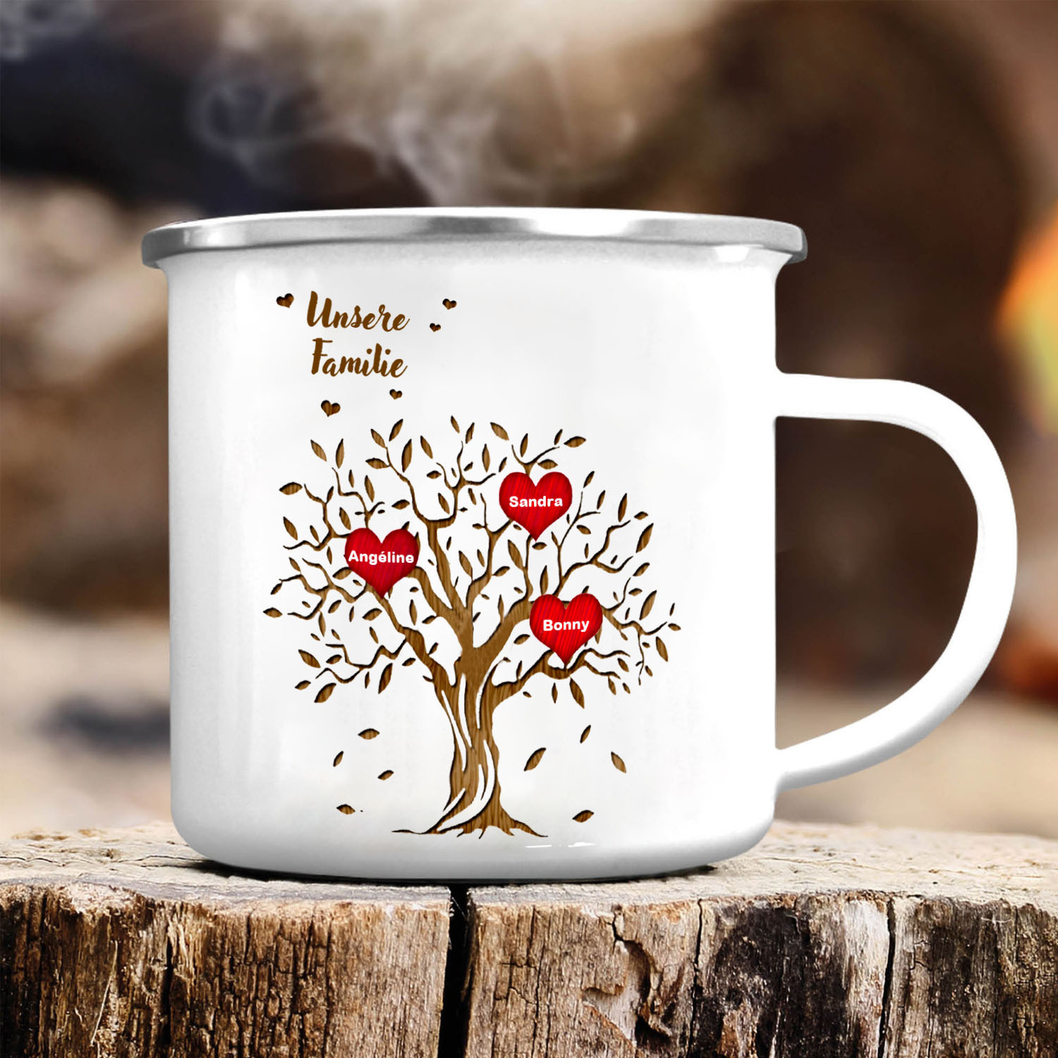 Emaile Tasse-Personalisierte 3 Namen & Text Familienstammbaum Emaille Becher