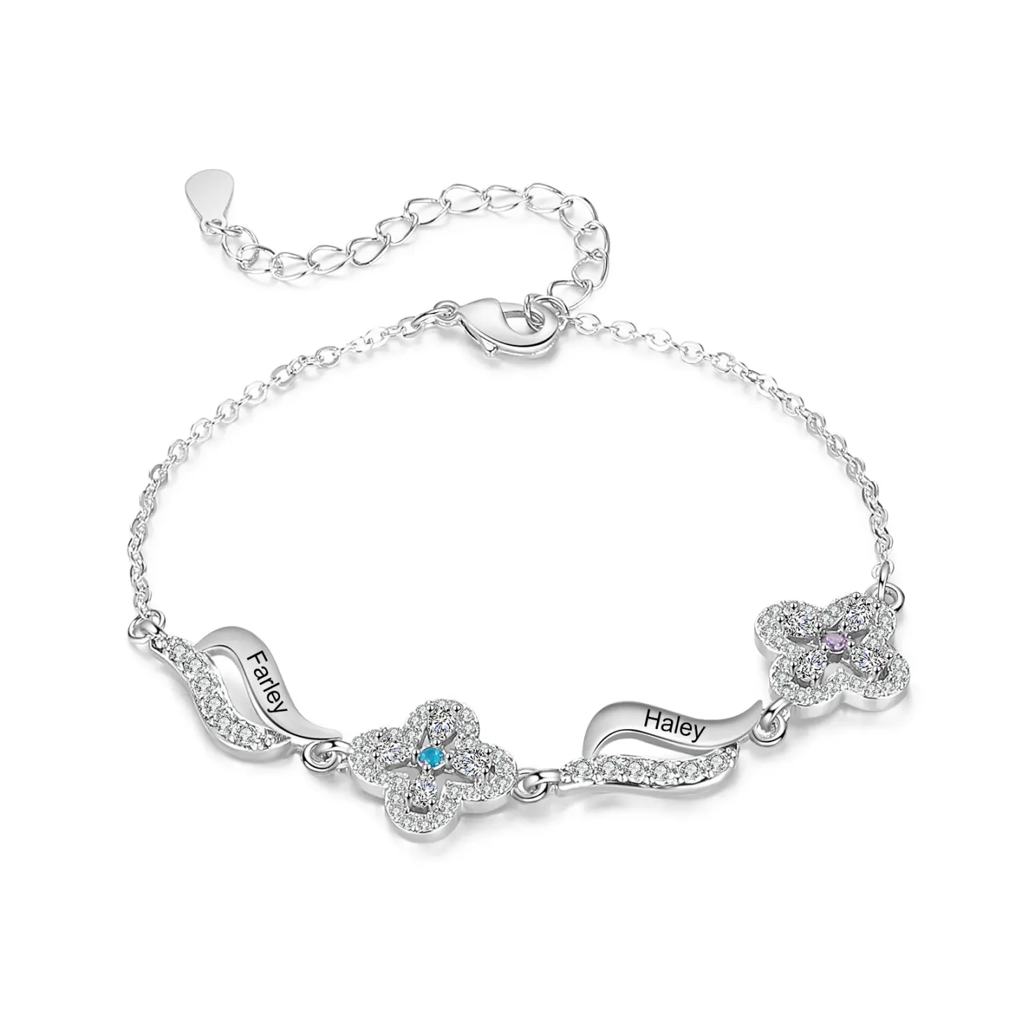 Personalisierte 2-4 Namen & 2-4 Geburtssteine Blume Welle Armband mit Zirkonia