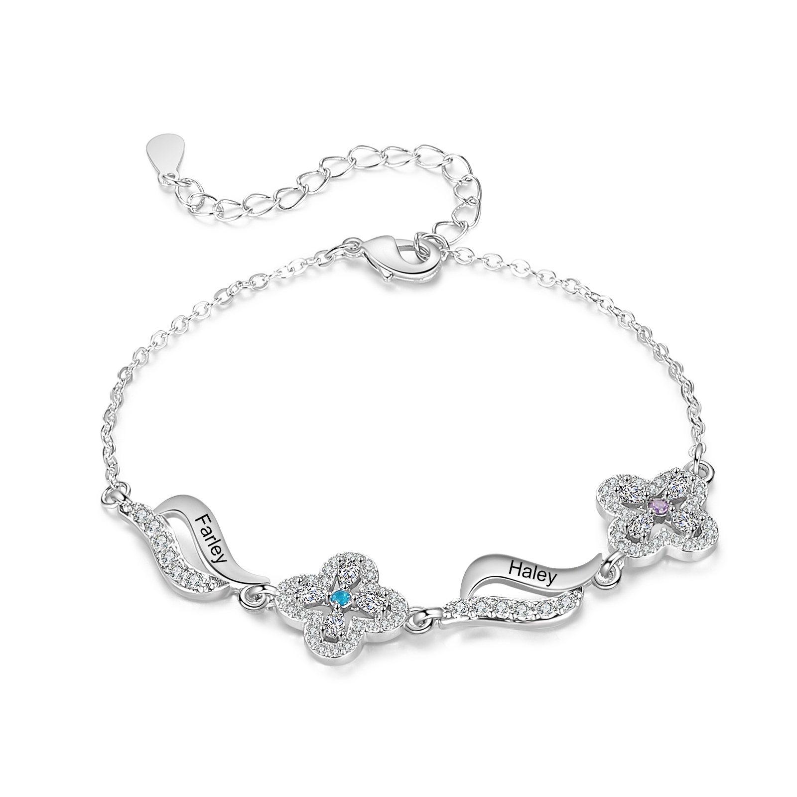 Personalisierte 2 Namen & 2 Geburtssteine Infinity Armband mit Zirkonia