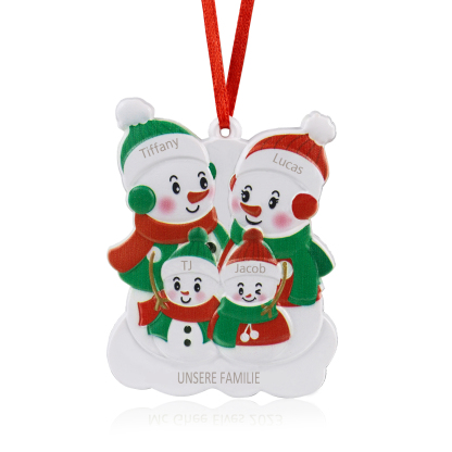 Harz Personalisiertes 4 Namen & Text Schneemann Weihnachtsornament Weihnachtsbaum Anhänger mit 4 Familienmitgliedern