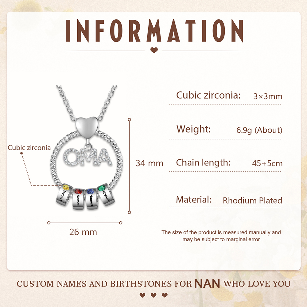 Personalisierte 4 Namen Gravur OMA Halskette mit 4 Geburtssteinen-Oma wir haben dich so lieb-Geschenk mit Nachrichtenkarte