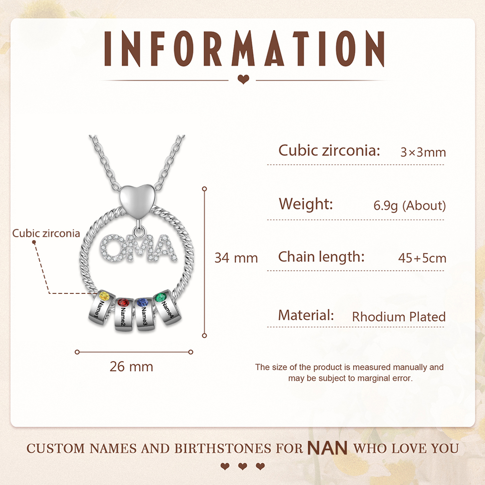 Personalisierte 4 Namen Gravur OMA Halskette mit 4 Geburtssteinen-Oma wir haben dich so lieb-Geschenk mit Nachrichtenkarte
