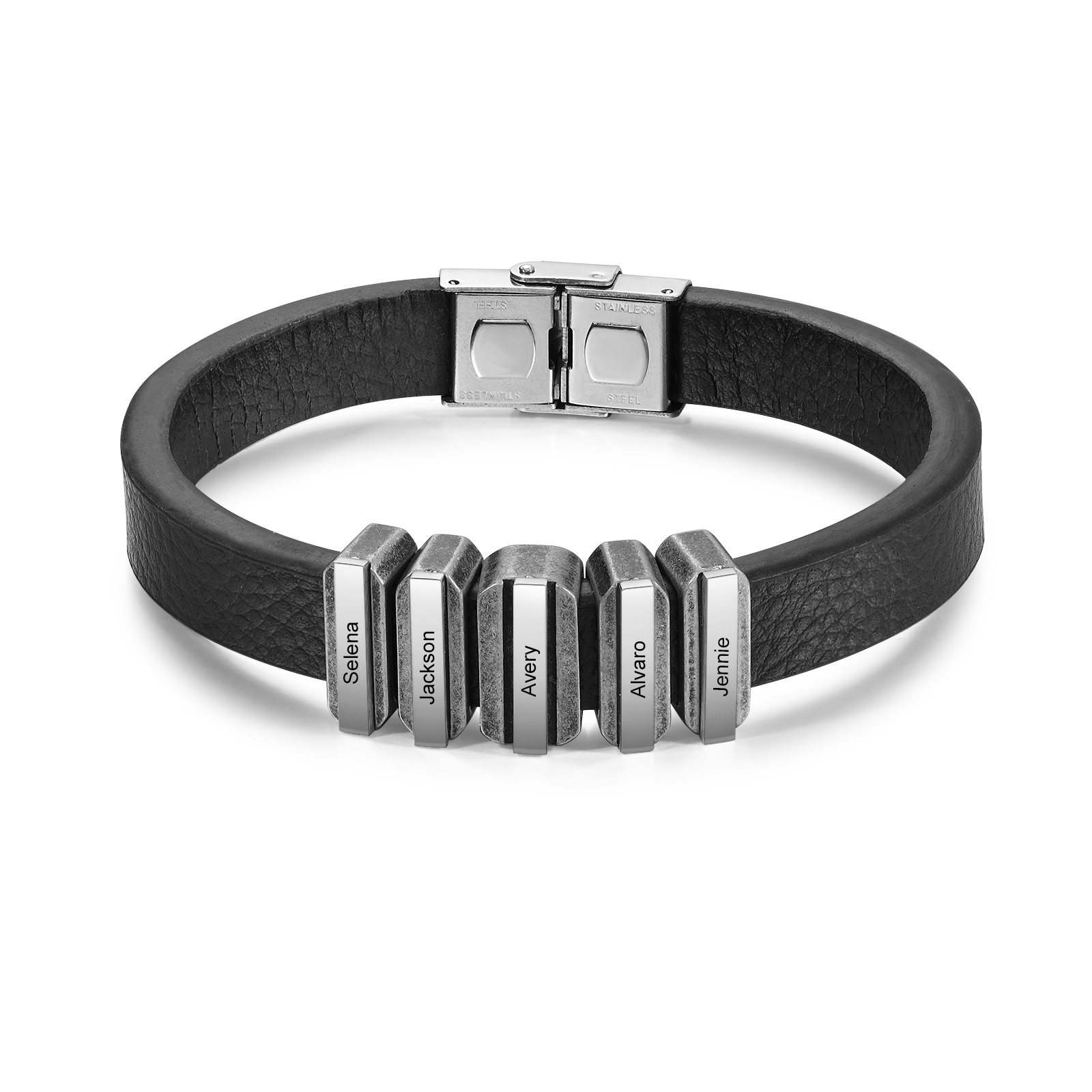 Herren Personalisierte 5 Namen Vintage Edelstahl Perle Leder Armband