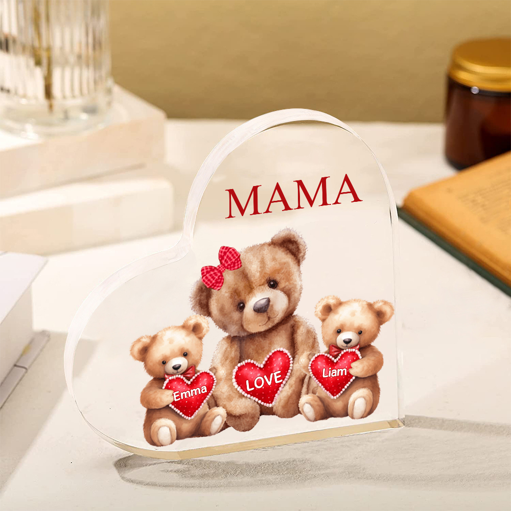Personalisierte 2 Namen & Text Teddybär Familie Acryl-Deko Schreibtischdekoration für Mutter