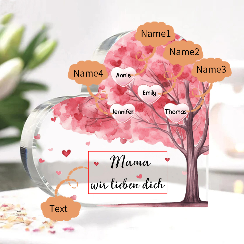 Personalisierte 4 Namen & Text Rosa Familienbaum Familie Acryl-Deko Schreibtischdekoration für Mutter
