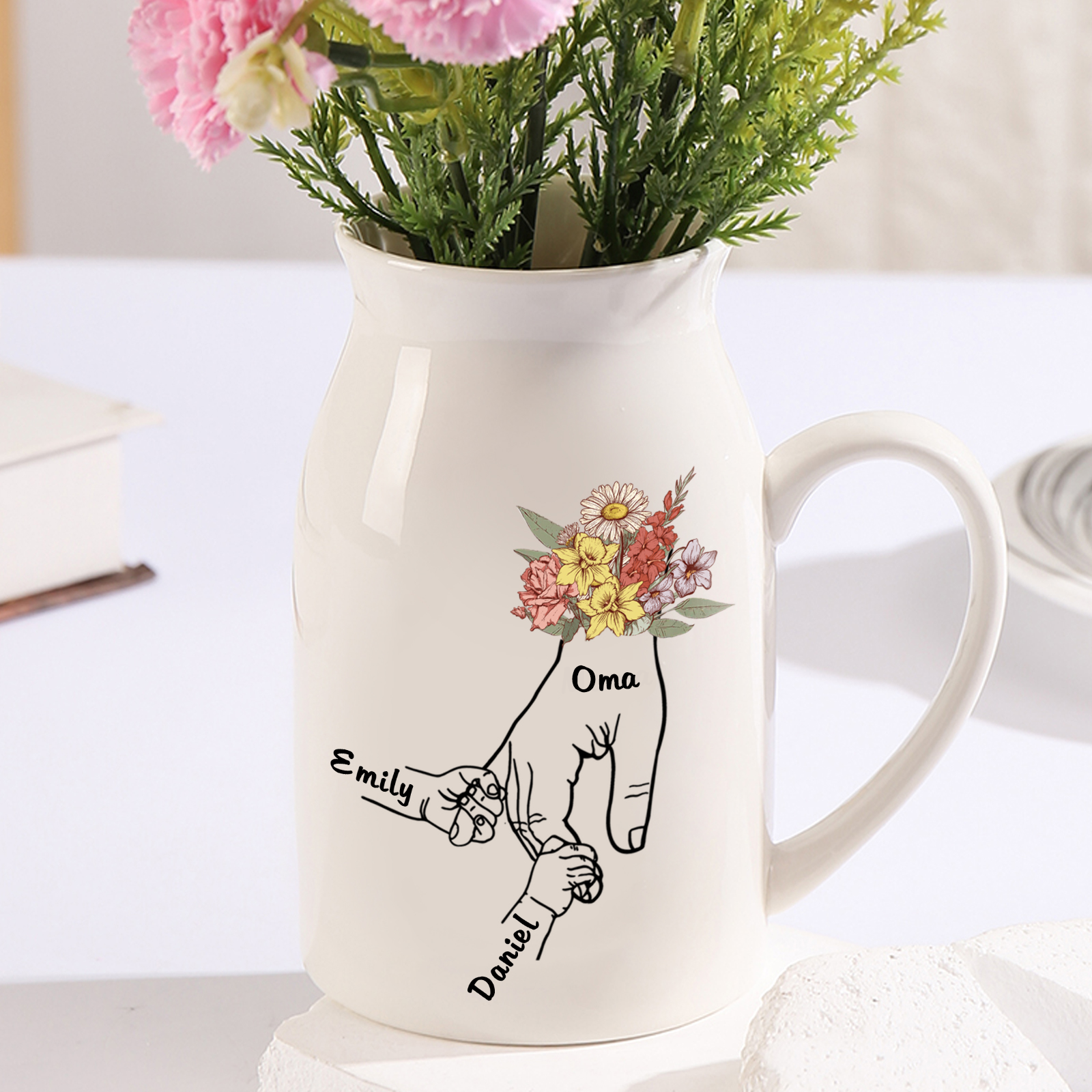Personalisierte 2 Namen & Text Bunte Blumen Hand in Hand Familie Vase