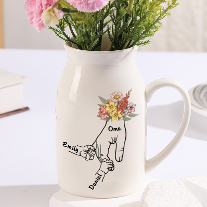 Personalisierte 2 Namen & Text Bunte Blumen Hand in Hand Familie Vase