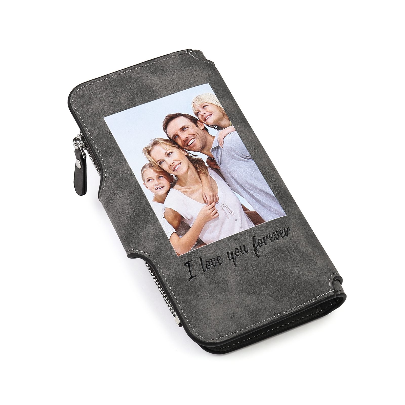 Damen Personalisierter Name & Buchstabe & Foto & Text PU Leder Geldbörse Langes Portemonnaie mit Reißverschluss