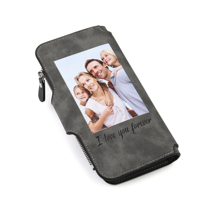 Damen Personalisierter Name & Buchstabe & Foto & Text PU Leder Geldbörse Langes Portemonnaie mit Reißverschluss