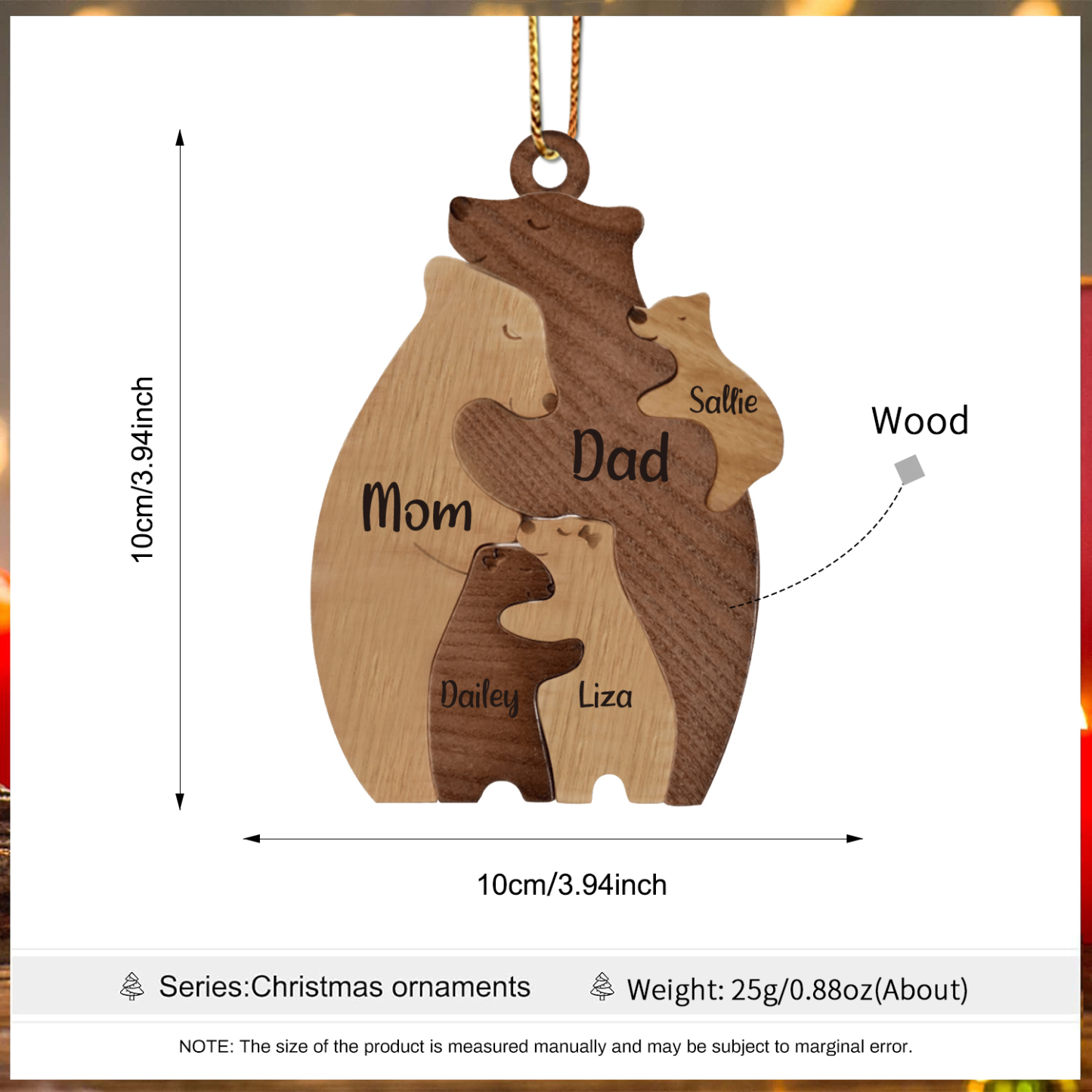 Holz Personalisierte 5 Namen Braunbär Weihnachtsornament mit 5 Familienmitgliedern