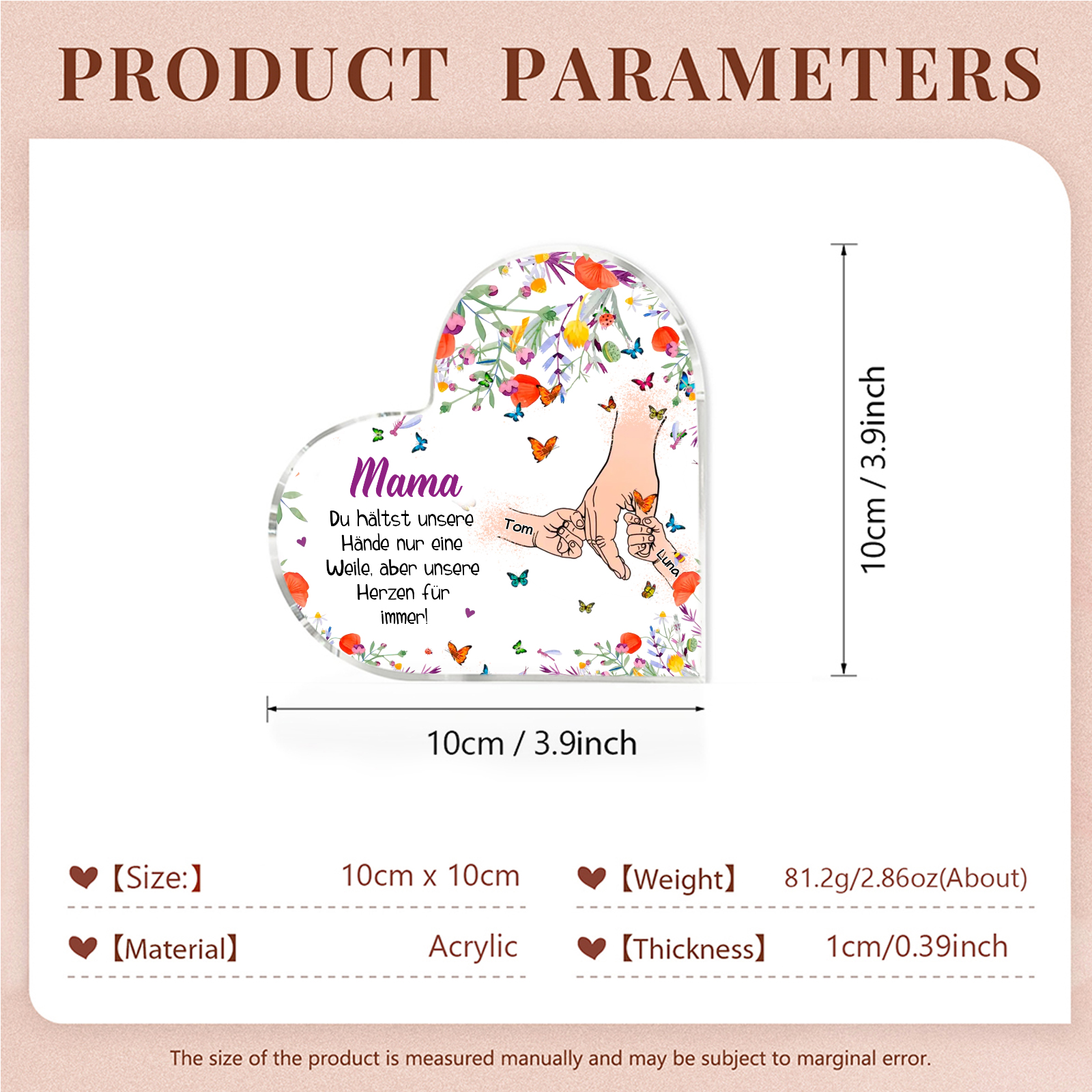 Personalisierte 2 Namen Herz Acryl-Deko -Mama Du hältst mein Hand nur eine Weile, aber unsere Herzen für immer- Schreibtischdekoration für Mutter