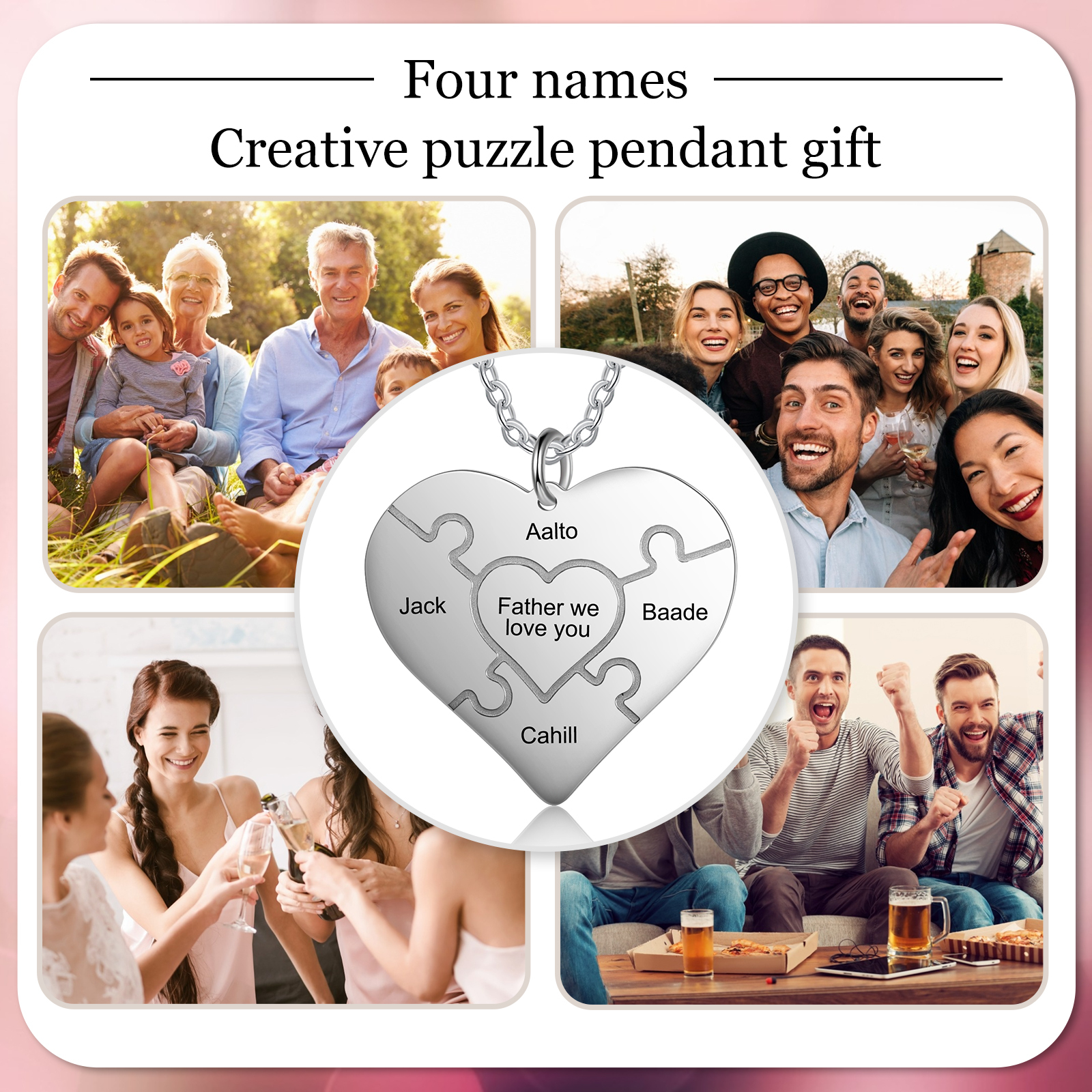 Personalisierte Herz-Puzzle-Halskette mit 4 Namensgravur