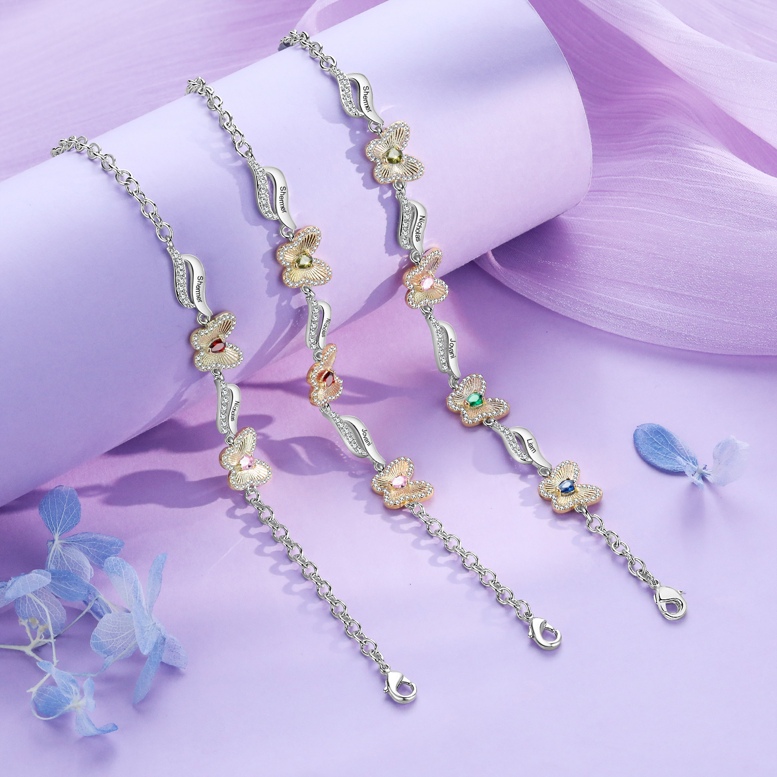 Personalisierte 4 Namen & 4 Geburtssteine Schmetterling Armband mit Zirkonia