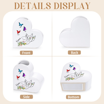 Personalisierte Herzvase aus Keramik mit 2–8 Namen und Schmetterlingsmotiv